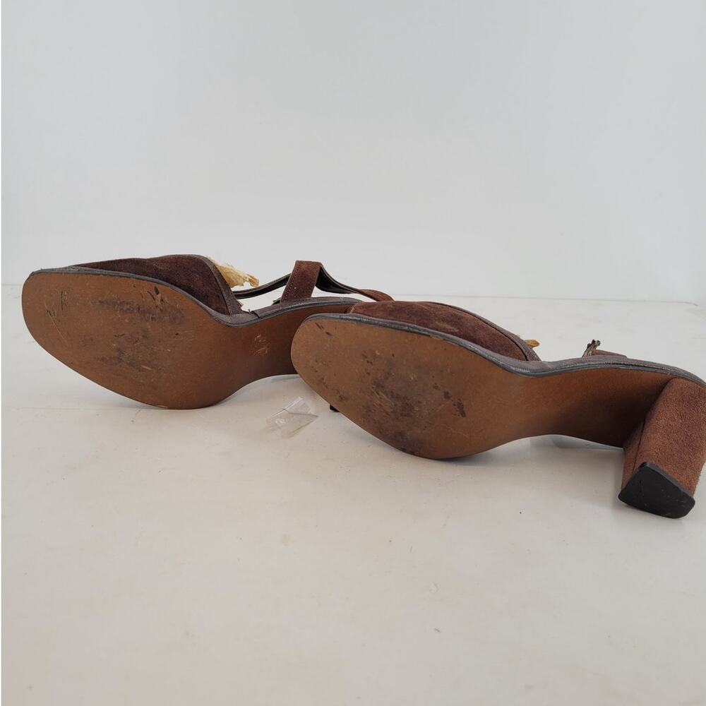 Hush Puppies Sandals Suede Chunky Heel Vintage 70s Retro Open Toe Shoes Hippie - Picture 7 of 13